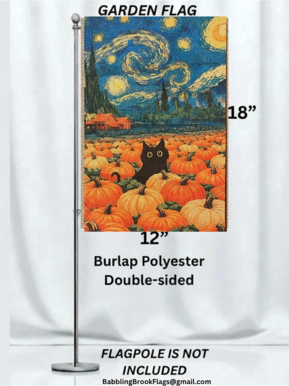Garden Flag, Starry Night Black Cat Pumpkin, 12”x18”, Burlap double-sided